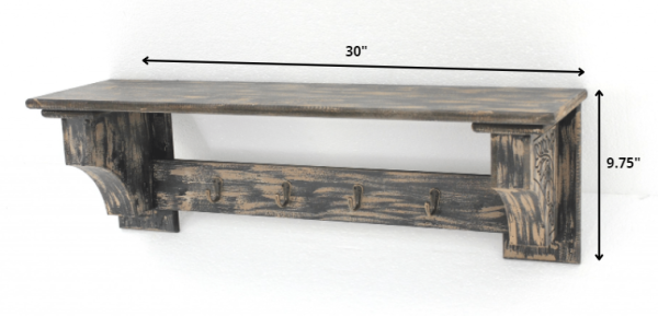8 x 30 x 9.75 Black Vintage Wooden 4 Metal Hooks - Wall Shelf - Image 2