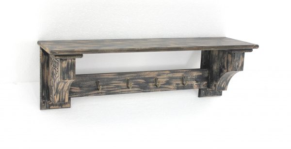 8 x 30 x 9.75 Black Vintage Wooden 4 Metal Hooks - Wall Shelf - Image 3