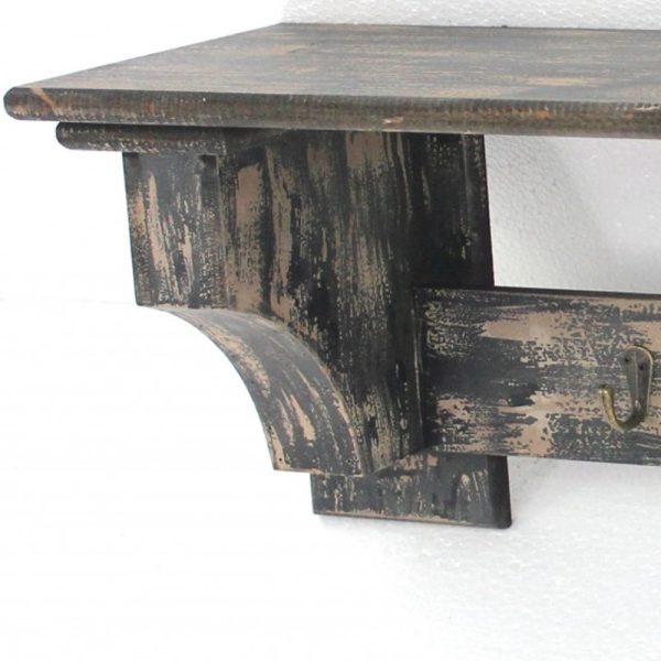 8 x 30 x 9.75 Black Vintage Wooden 4 Metal Hooks - Wall Shelf - Image 4