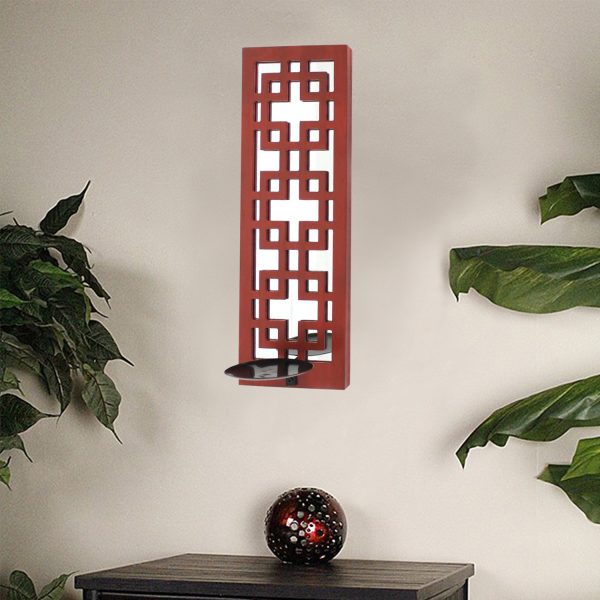 17" x 5" x 6" Red, Vintage Wood, Lattice Mirror - Candle Holder Sconce - Image 2
