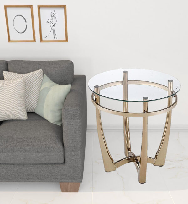 25" Champagne Gold  And Clear Glass Round Mirrored End Table - Image 5
