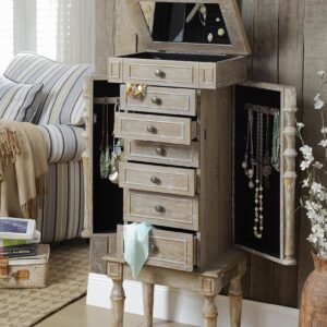 16" X 10" X 40" Weathered Oak Mirror Jewelry Armoire