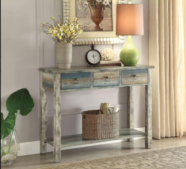 42" X 16" X 32" Antique White And Teal Wooden Console Table - Image 2