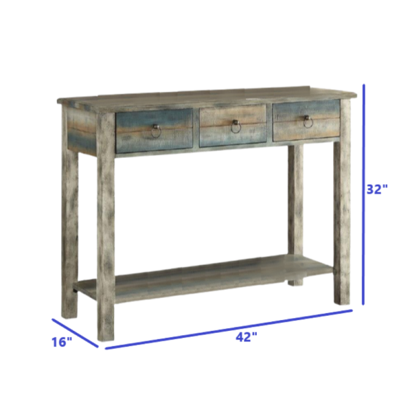 42" X 16" X 32" Antique White And Teal Wooden Console Table - Image 3