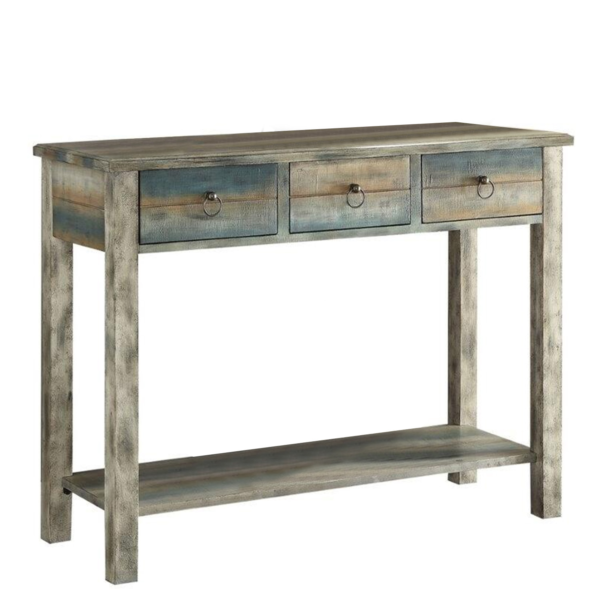 42" X 16" X 32" Antique White And Teal Wooden Console Table - Image 4