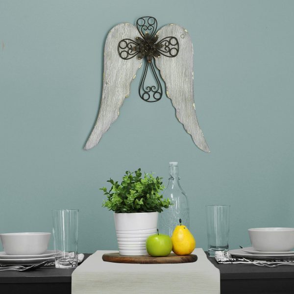 Distressed White Angel Wings With Metal Cross Wall Decor - Image 2