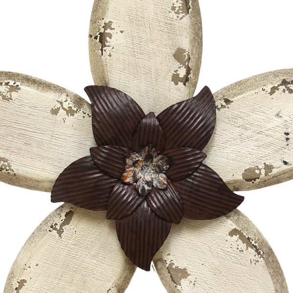Antiqued Look Ivory and Espresso Metal Flower Wall Decor - Image 2