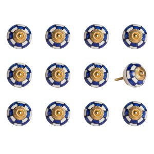 1.5" x 1.5" x 1.5" White Blue and Gold  Knobs 12 Pack