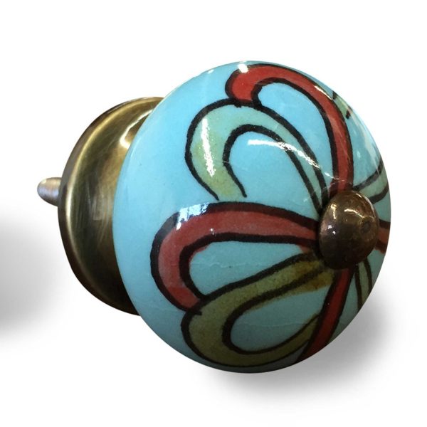 Bohemian Floral Turquoise Handprinted Set of 8 Ceramic Knobs - Image 2
