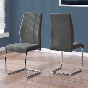 Two 77.5" Dark Grey Velvet Chrome Metal and Foam Dining Chairs