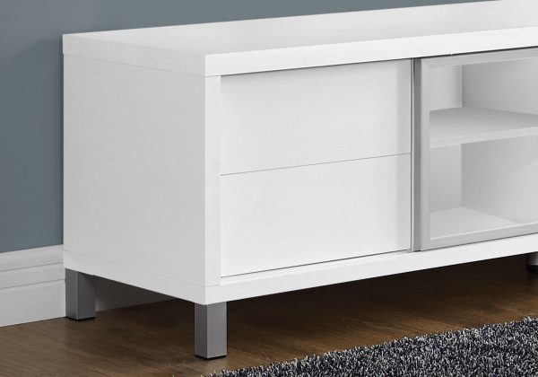17.75" x 71" x 19.75" White Clear Silver Particle Board Glass Hollow Core Tv Stand - Image 2