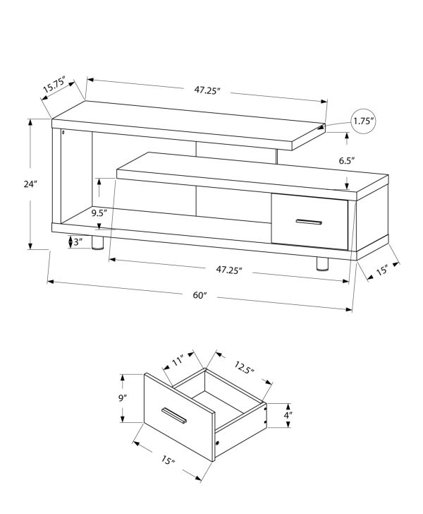 15.75" x 60" x 24" Cappuccino Silver Particle Board Hollow Core Metal TV Stand with a Drawer - Image 3