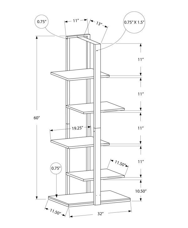 13" x 32" x 60" Black  Mdf  Metal   Bookshelf - Image 3