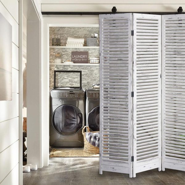Distressed White Wood Shutter Three Panel Room Divider Screen - Image 2