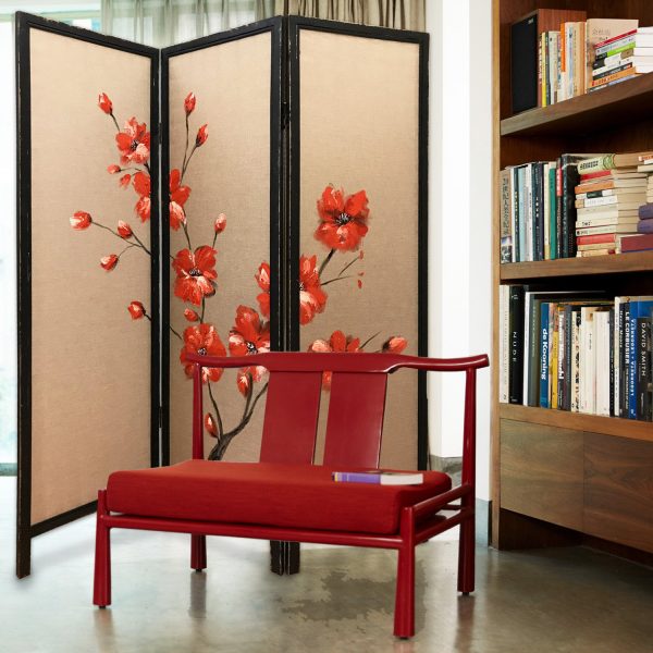 60 x 1 x 63 Brown Fabric And Wood Blooming  3 Panel Screen - Image 2