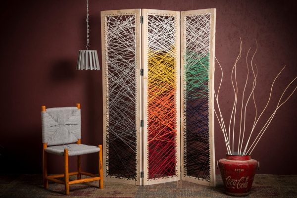 61 x 1.5 x 72 Multicolor Fabric And Wood Crisscross  Screen - Image 2