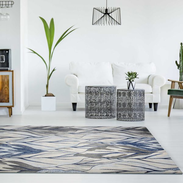 8'x11' Grey Navy Machine Woven Oversized Leaves Indoor Area Rug - Image 2