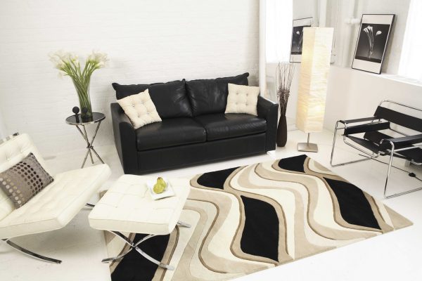 3' x 5' Black or Beige Abstract Waves Wool Area Rug - Image 5