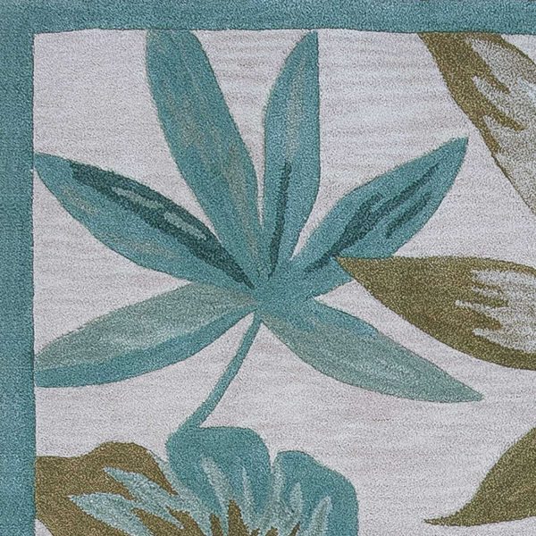 3'x5' Ivory Teal Hand Tufted Tropical Leaves Round Indoor Area Rug - Image 2
