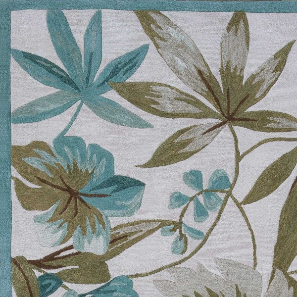 3'x5' Ivory Teal Hand Tufted Tropical Leaves Round Indoor Area Rug - Image 3