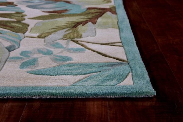 3'x5' Ivory Teal Hand Tufted Tropical Leaves Round Indoor Area Rug - Image 4