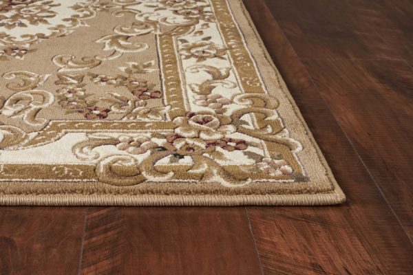 5'x8' Beige Ivory Machine Woven Hand Carved Floral Medallion Indoor Area Rug - Image 4