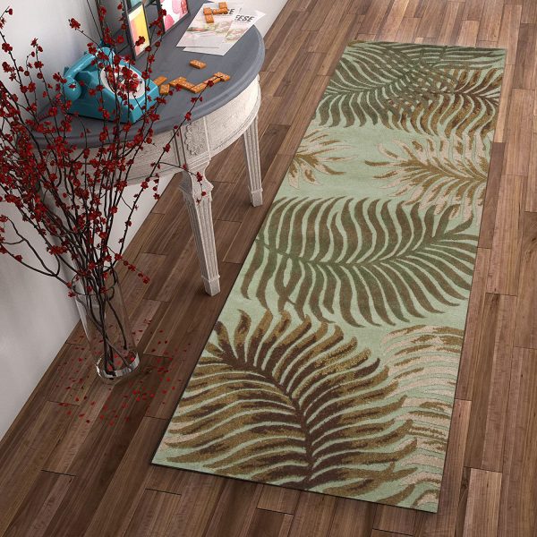 8' Aqua Blue Hand Tufted Tropical Leaves Indoor Runner Rug - Image 4
