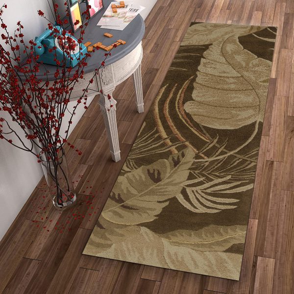 8' Mocha Brown Hand Tufted Tropical Leaves Indoor Runner Rug - Image 4