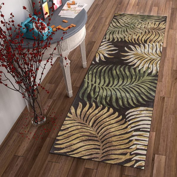 8' Espresso Brown Hand Tufted Tropical Leaves Indoor Runner Rug - Image 4