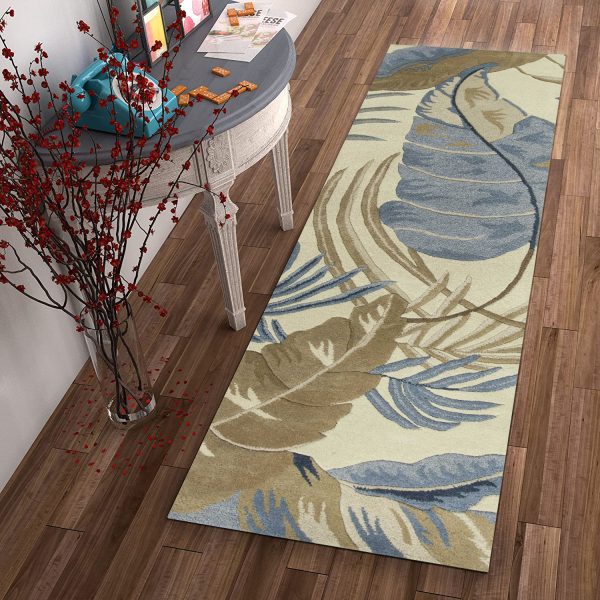 2' x 8' Ivory or Blue Leaves Wool Runner Rug - Image 4