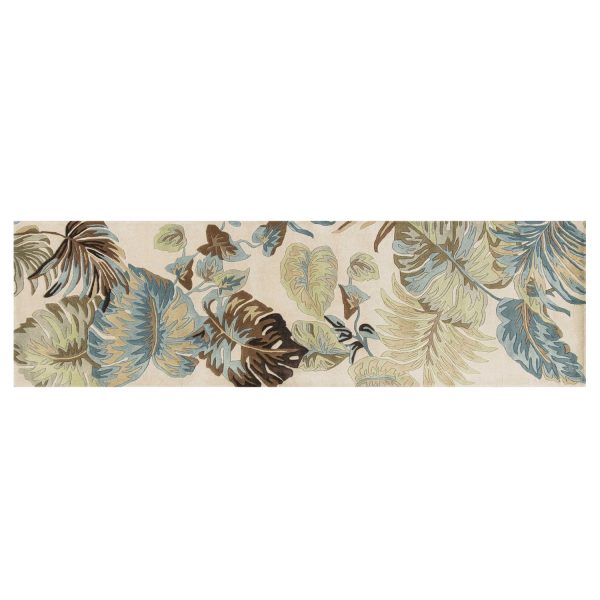 8' Ivory Blue Hand Tufted Tropical Leaves Indoor Runner Rug - Image 2