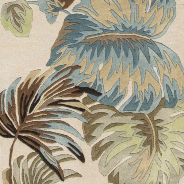 8' Ivory Blue Hand Tufted Tropical Leaves Indoor Runner Rug - Image 3