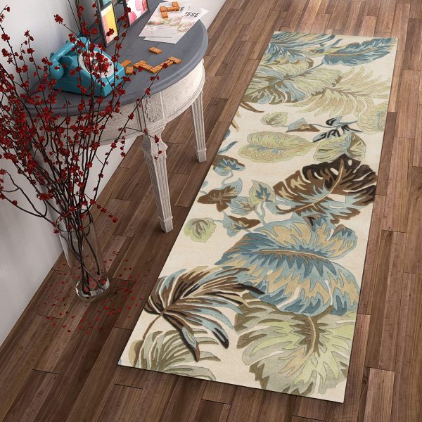 8' Ivory Blue Hand Tufted Tropical Leaves Indoor Runner Rug - Image 4