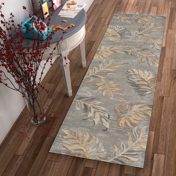 2' x 8' Grey Palm Leaves Wool Runner Rug - Image 4