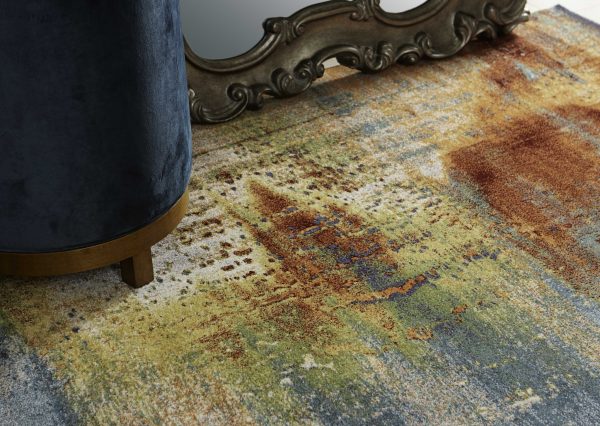5'x8' Blue Rust Orange Machine Woven Abstract Brushstrokes Indoor Area Rug - Image 4