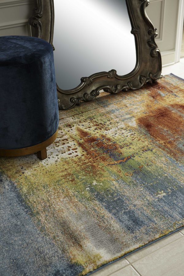5'x8' Blue Rust Orange Machine Woven Abstract Brushstrokes Indoor Area Rug - Image 5