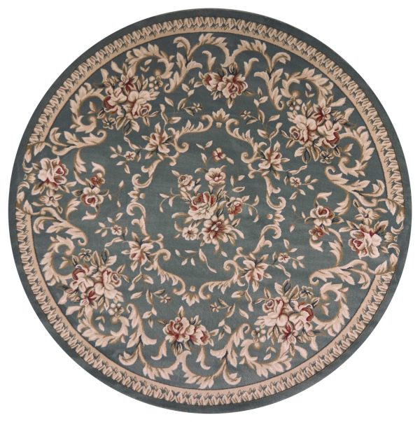 8' Round Slate Blue Floral Vine Bordered Indoor Area Rug - Image 3