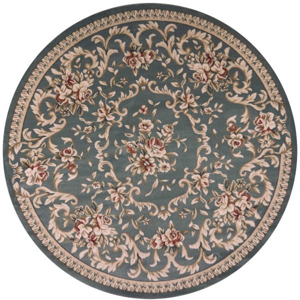 8' Round Slate Blue Floral Vine Bordered Indoor Area Rug - Image 4
