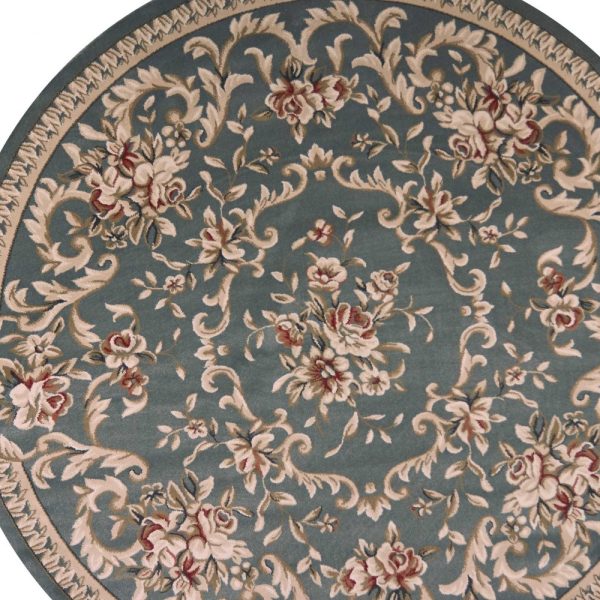 8' Round Slate Blue Floral Vine Bordered Indoor Area Rug - Image 5