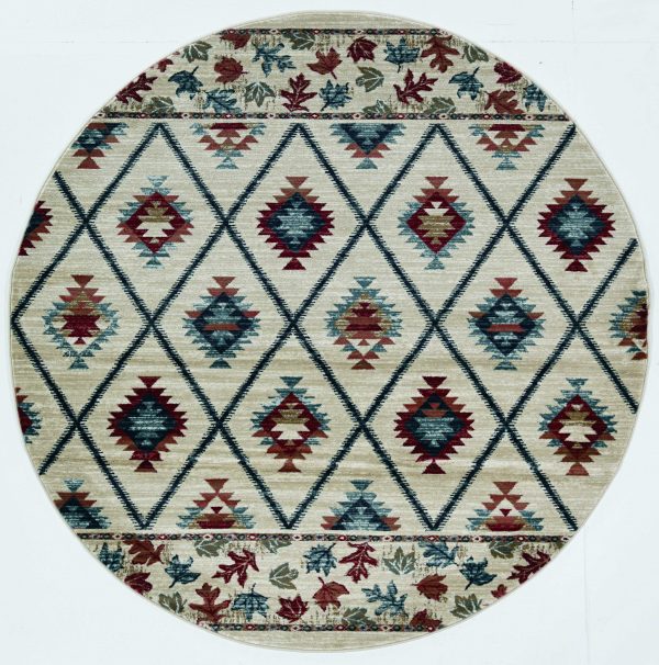 8' Ivory Machine Woven Geometric Lodge Round Indoor Area Rug - Image 3