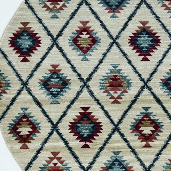 8' Ivory Machine Woven Geometric Lodge Round Indoor Area Rug - Image 4
