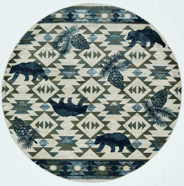 7' Round Ivory or Blue Geometric Lodge Pattern Indoor Area Rug - Image 3