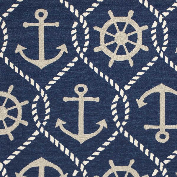 5'x8' Navy Blue Hand Hooked UV Treated Nautical Indoor Outdoor Area Rug - Image 3