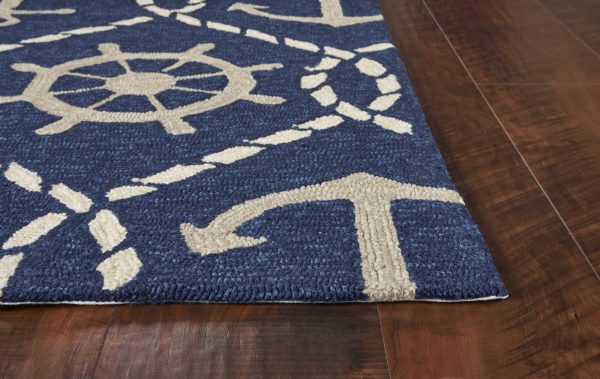 5'x8' Navy Blue Hand Hooked UV Treated Nautical Indoor Outdoor Area Rug - Image 4