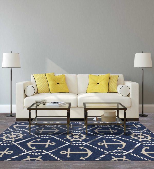 5'x8' Navy Blue Hand Hooked UV Treated Nautical Indoor Outdoor Area Rug - Image 5