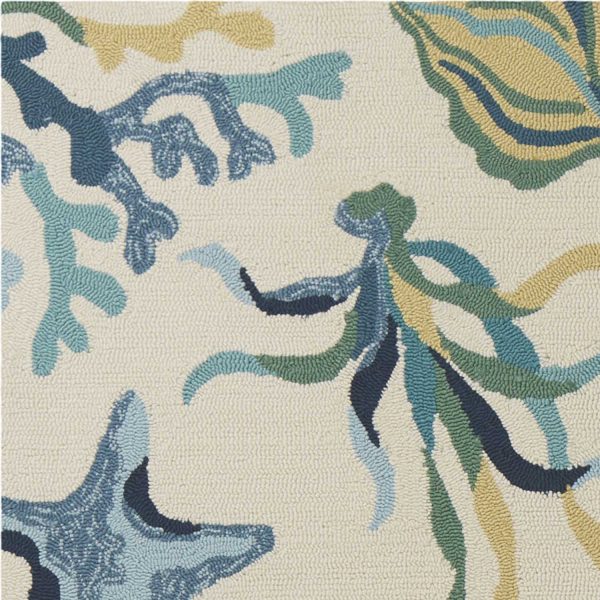 5'x8' Ivory Blue Hand Hooked UV Treated Coastal Reef Indoor Outdoor Area Rug - Image 3