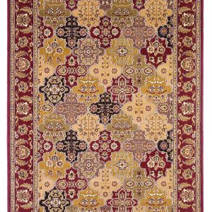 7' Octagon Red Floral Panel Bordered Indoor Area Rug