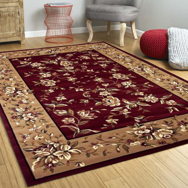 Red And Beige Octagon Floral Vines Area Rug - Image 4