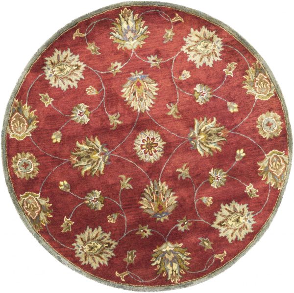 5' Round Red Floral Vine Wool Indoor Area Rug - Image 2
