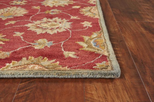 5' Round Red Floral Vine Wool Indoor Area Rug - Image 3